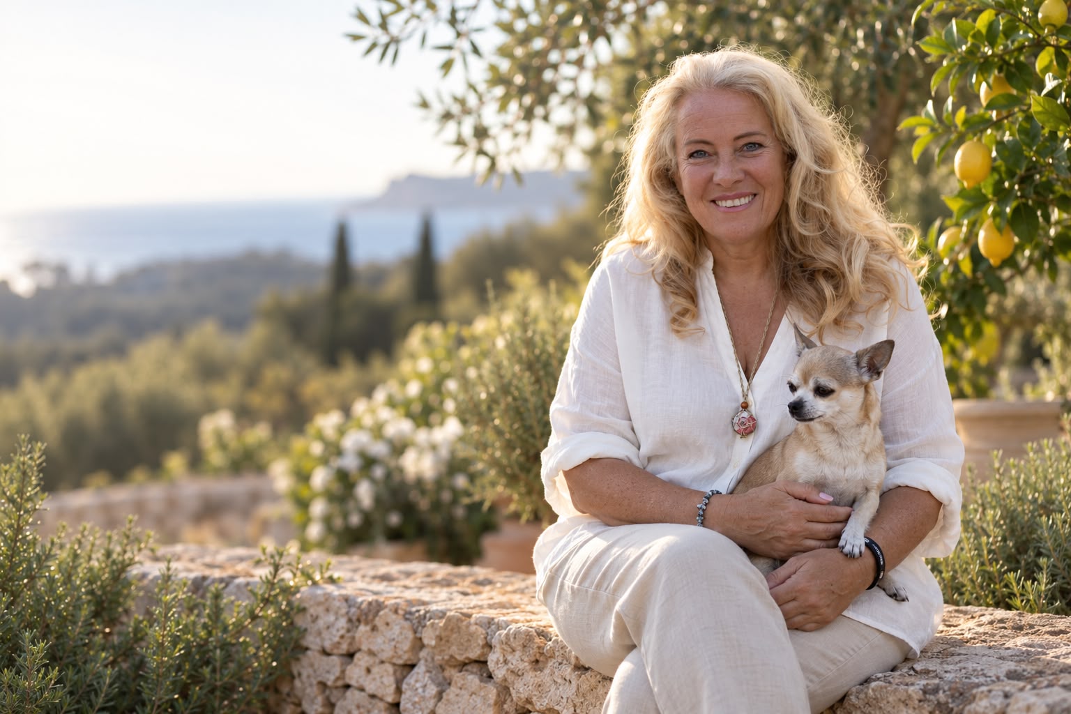 Christiane Brand mit ihrem Hund in mediterraner Landschaft auf Mallorca