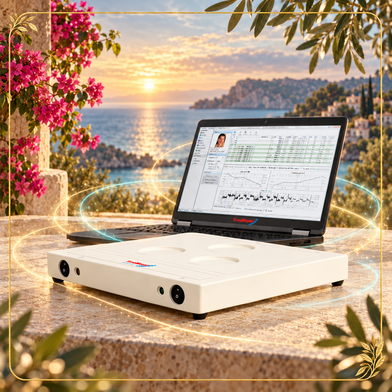 TimeWaver-System und Laptop vor mediterranem Meerblick