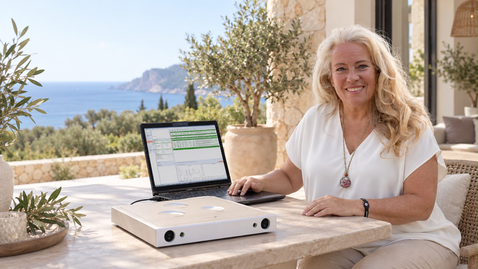 Christiane Brand bei der Arbeit mit dem TimeWaver-System in mediterranem Licht