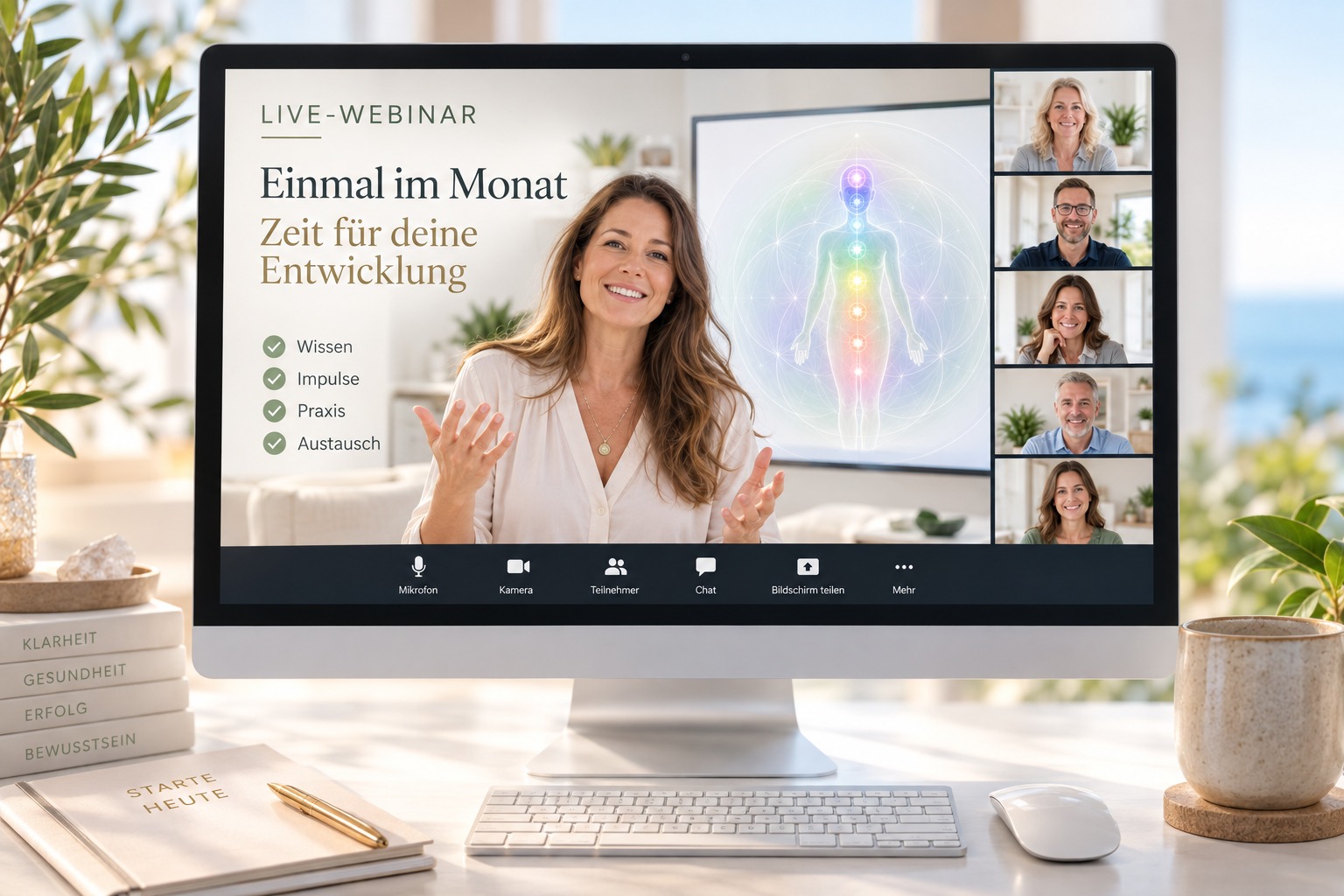 Live-Webinar auf einem Computerbildschirm: Christiane Brand erklärt die Matrix-Analyse mit Chakra-Visualisierung und Teilnehmerinnen