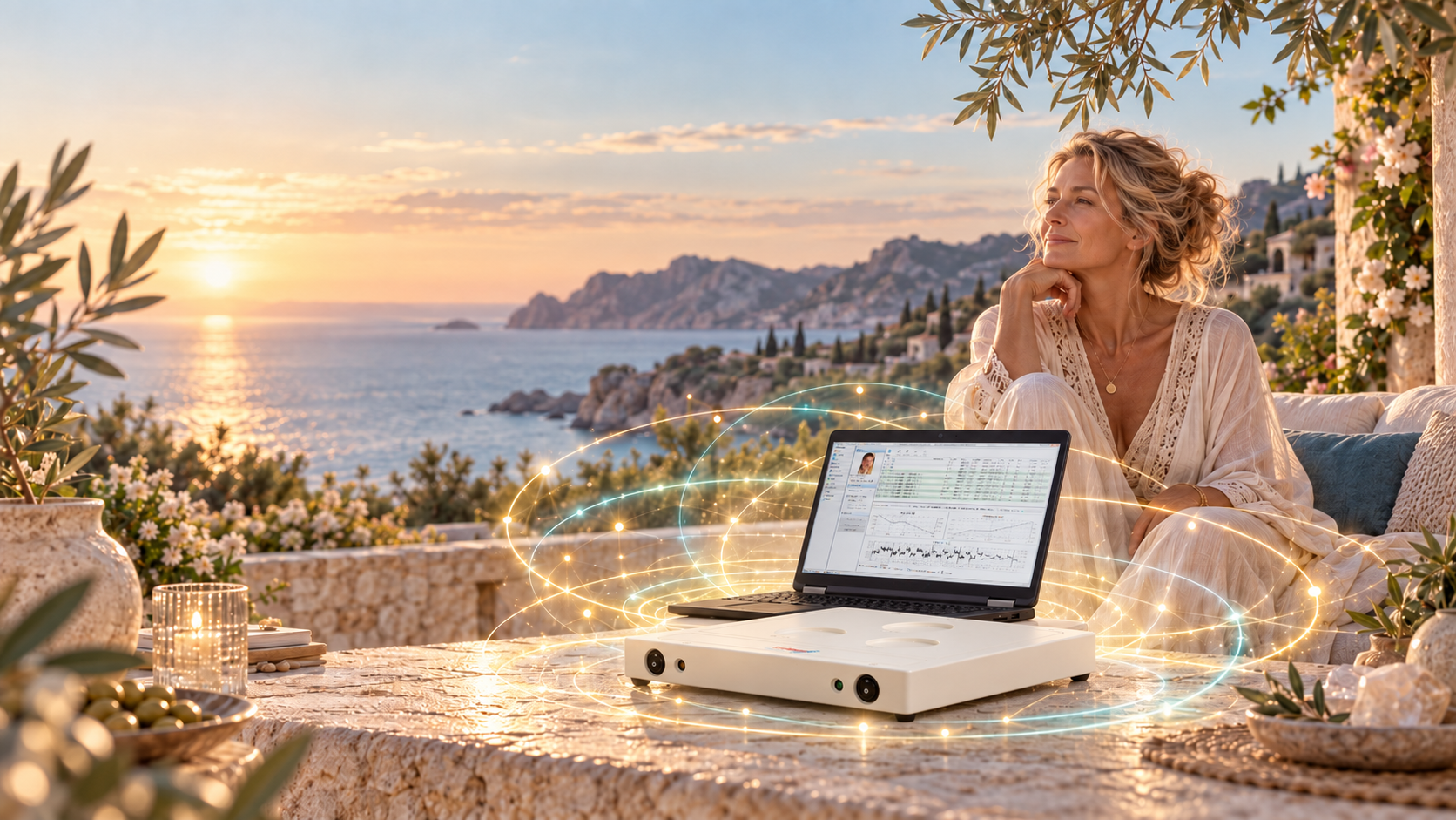 Frau im mediterranen Licht mit TimeWaver-System, Workbook und Stift