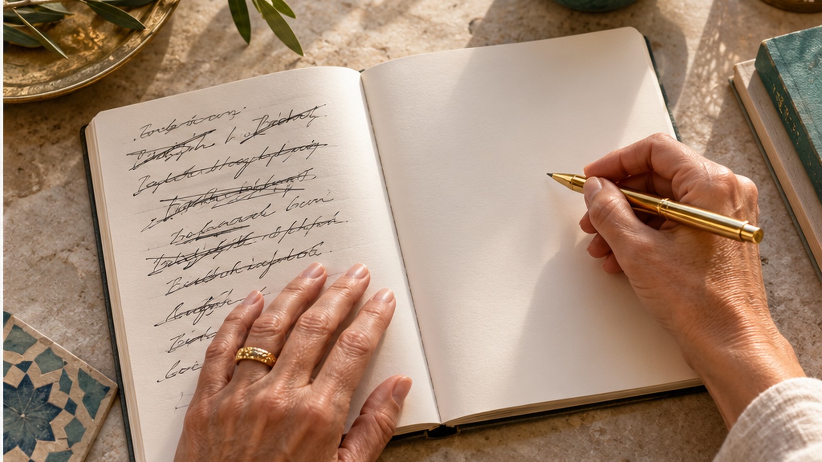 Frau schreibt einen neuen stärkenden Leitsatz in ein E-Book mit goldenen und petrolfarbenen Details