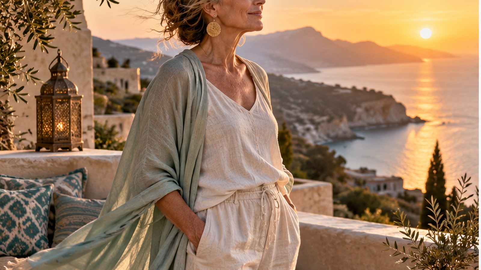 Strahlende Frau Anfang 50 blickt auf einer mallorquinischen Terrasse in den Sonnenaufgang