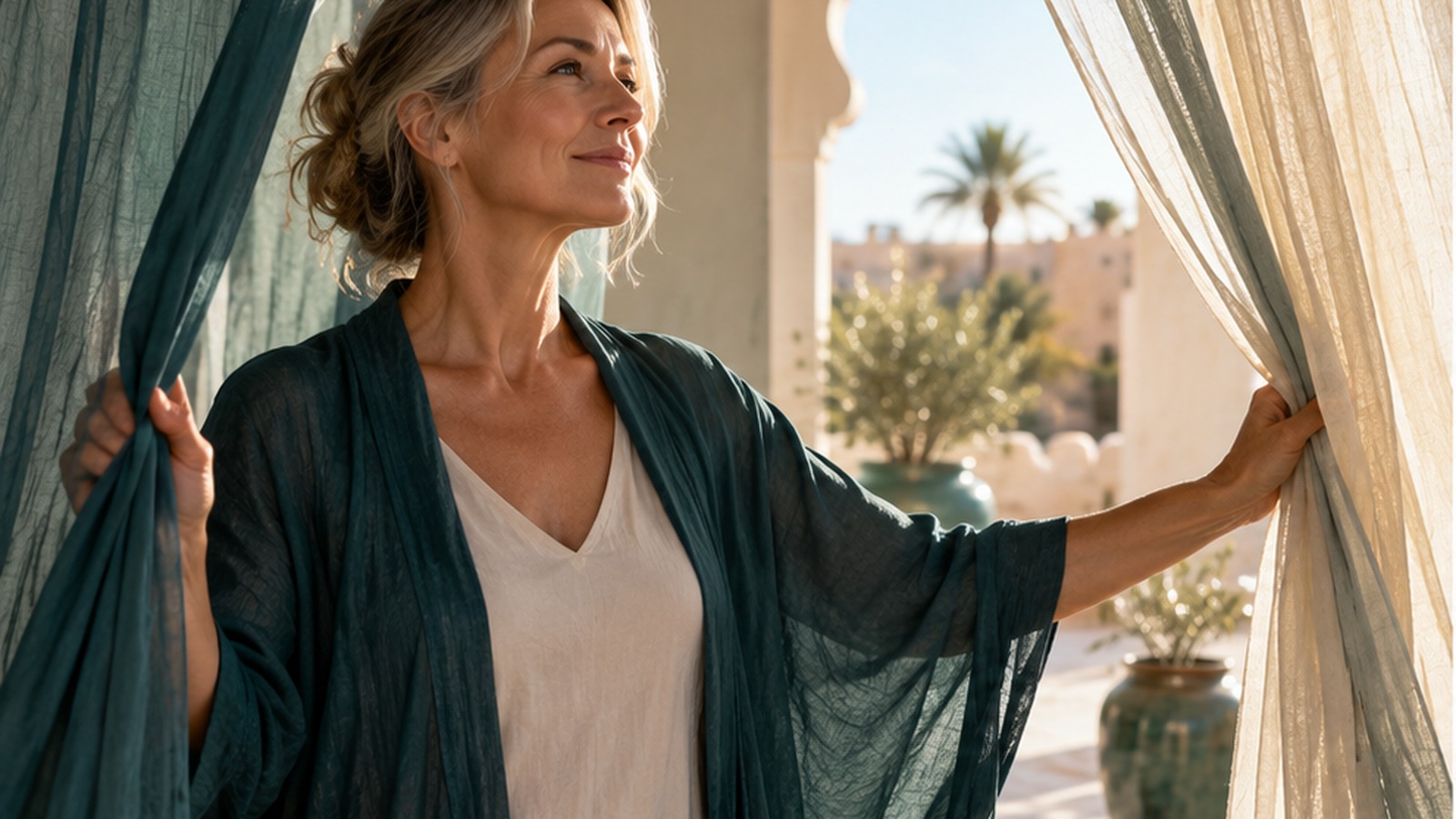 Frau löst sich aus transparenten goldenen und petrolfarbenen Lichtschleifen in mediterraner Landschaft