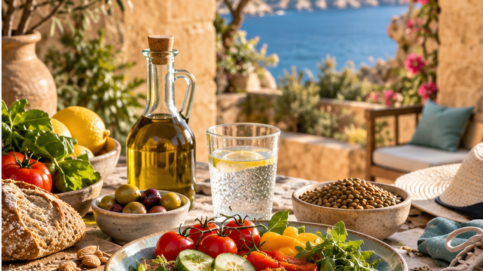 Mediterranes Stillleben mit Wasser, Zitrusfrüchten und goldenen Energielinien als Symbol für Regeneration
