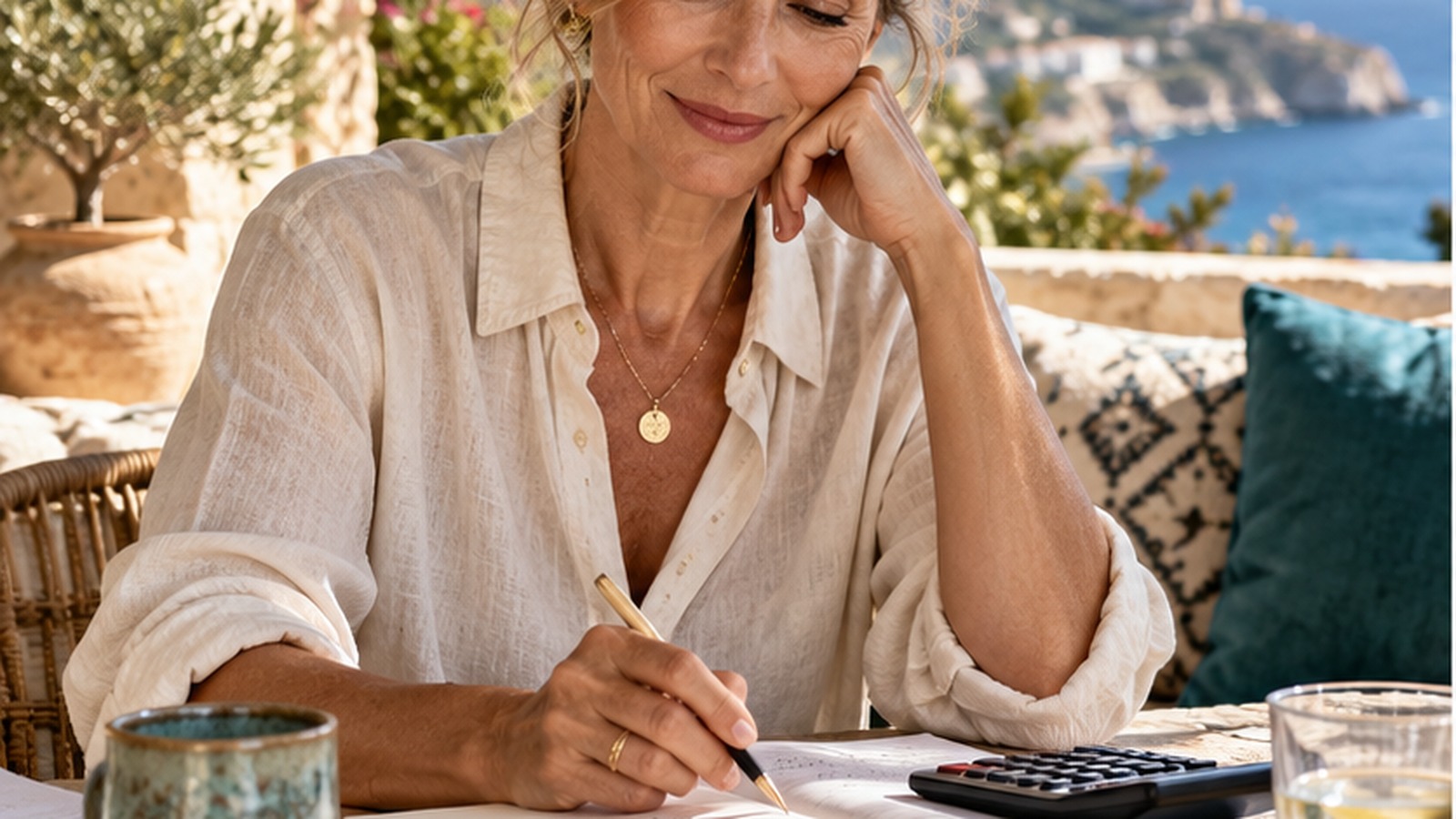 Selbstständige Frau um 50 arbeitet klar und entspannt auf einer mediterranen Terrasse mit goldenen Akzenten