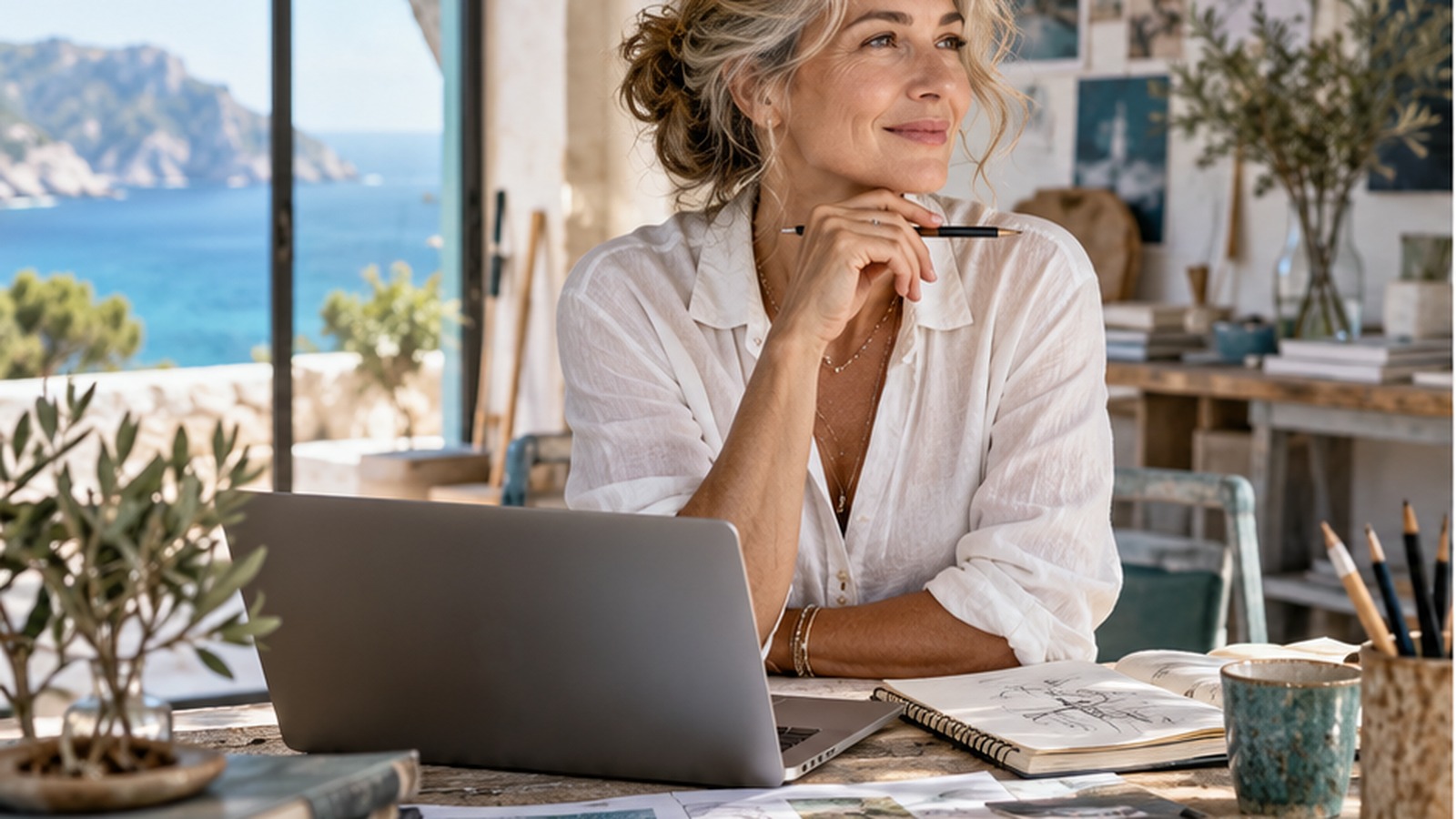 Frau um 50 blickt fokussiert über das Meer und hält ein Notizbuch mit ihrer Vision