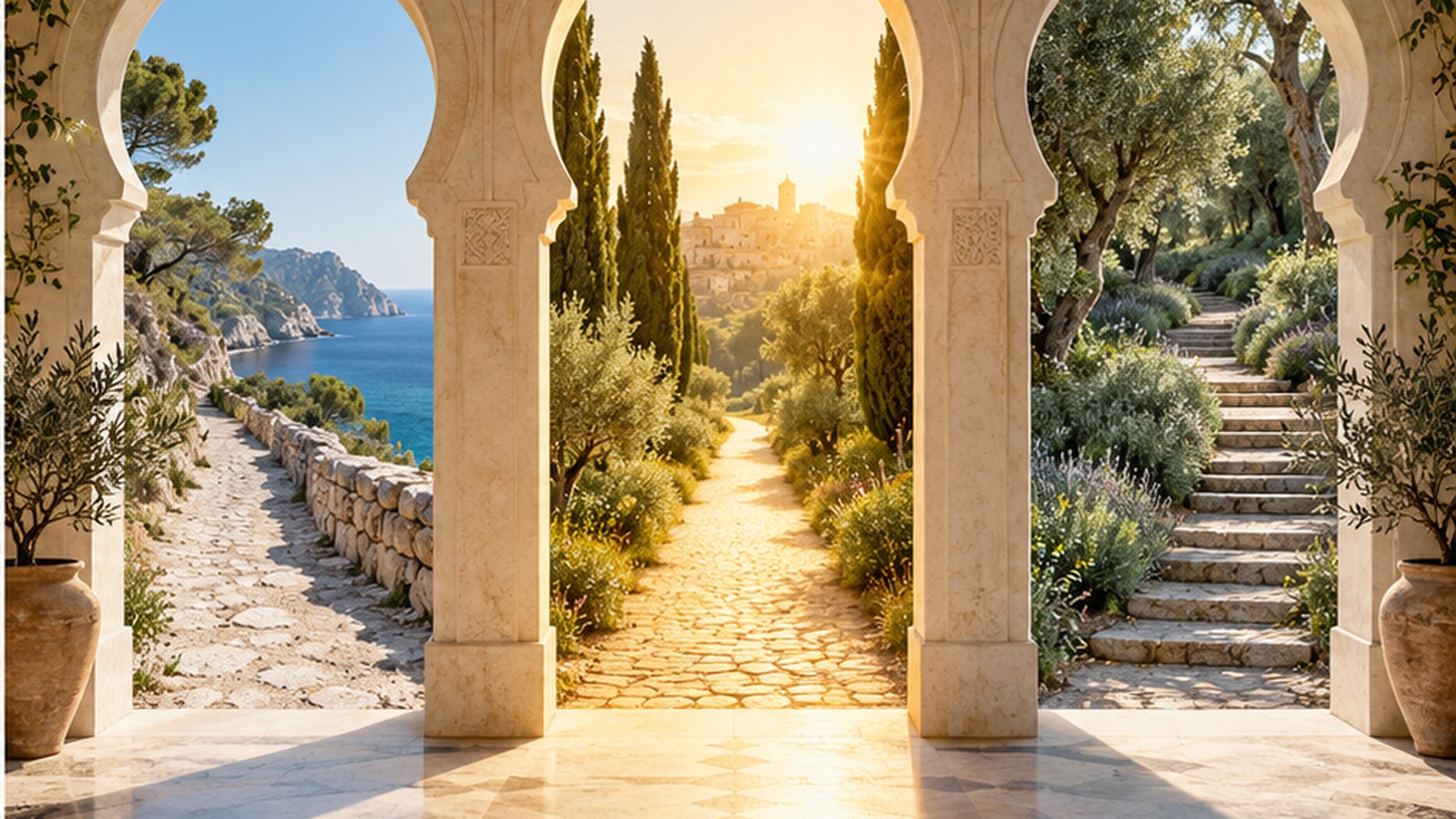 Goldener Weg verbindet eine mediterrane Tür mit einem weiten Horizont als Symbol für Berufung