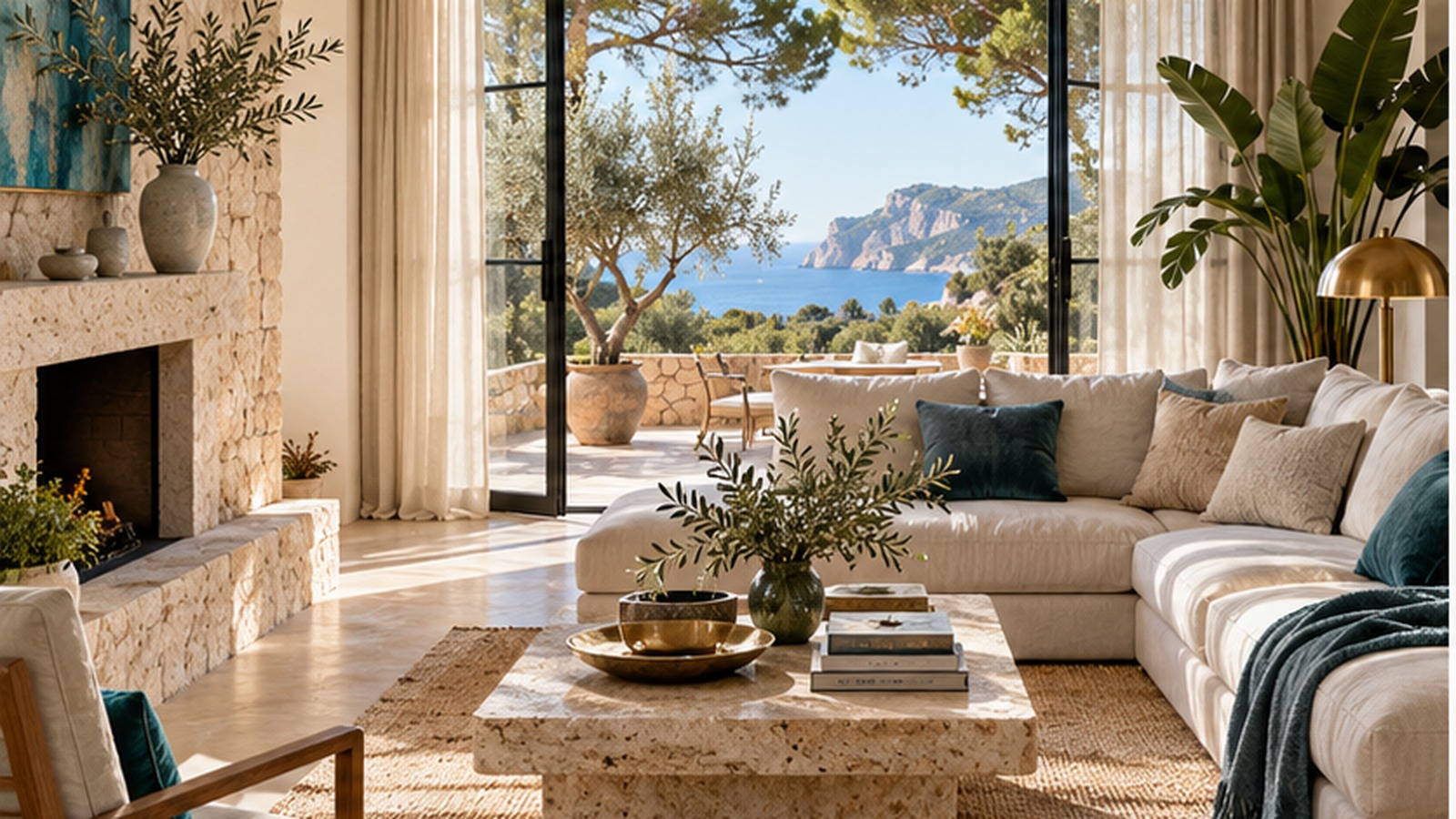 Heller mallorquinischer Raum mit Bögen, Naturmaterialien und sanften energetischen Lichtfeldern