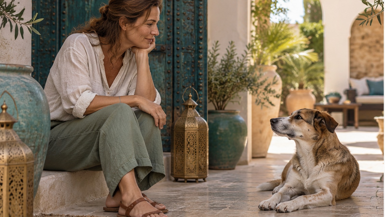 Frau beobachtet achtsam ihren Hund in einem ruhigen mallorquinischen Innenhof mit dezent sichtbarer Aura