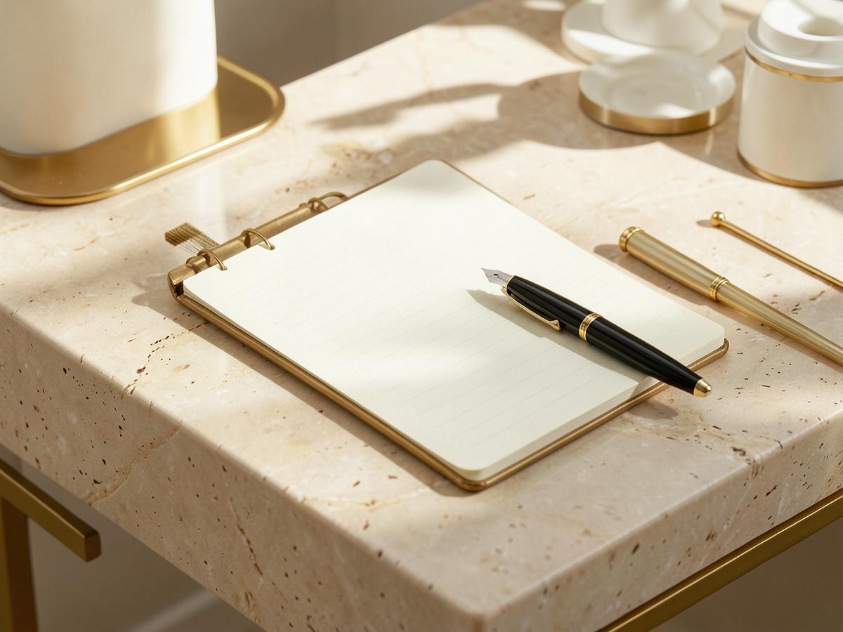 Heller mediterraner Arbeitsplatz mit Naturmaterialien und dezentem Laptop