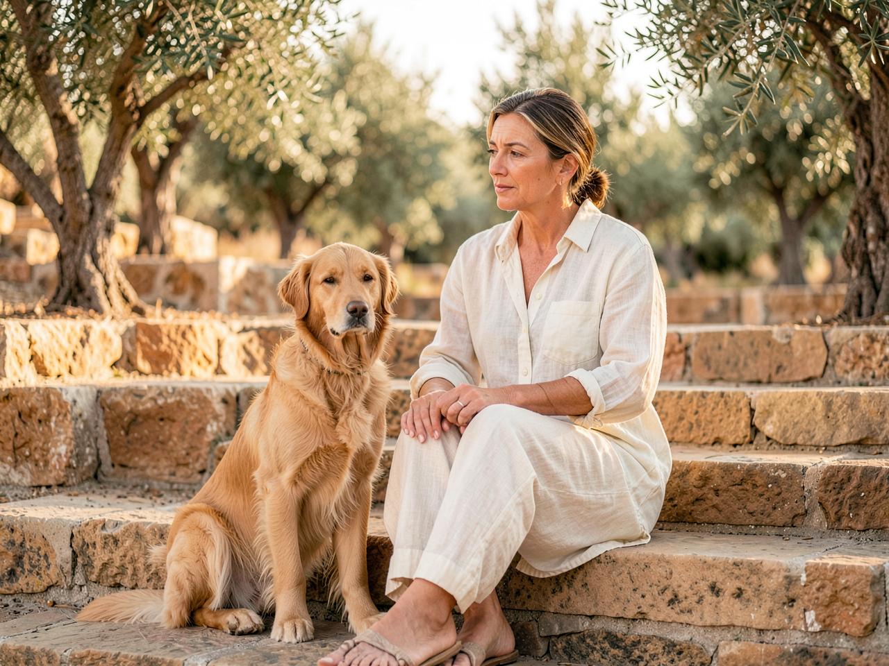 Ruhiger Moment zwischen Mensch und Hund auf Augenhöhe in mediterraner Umgebung
