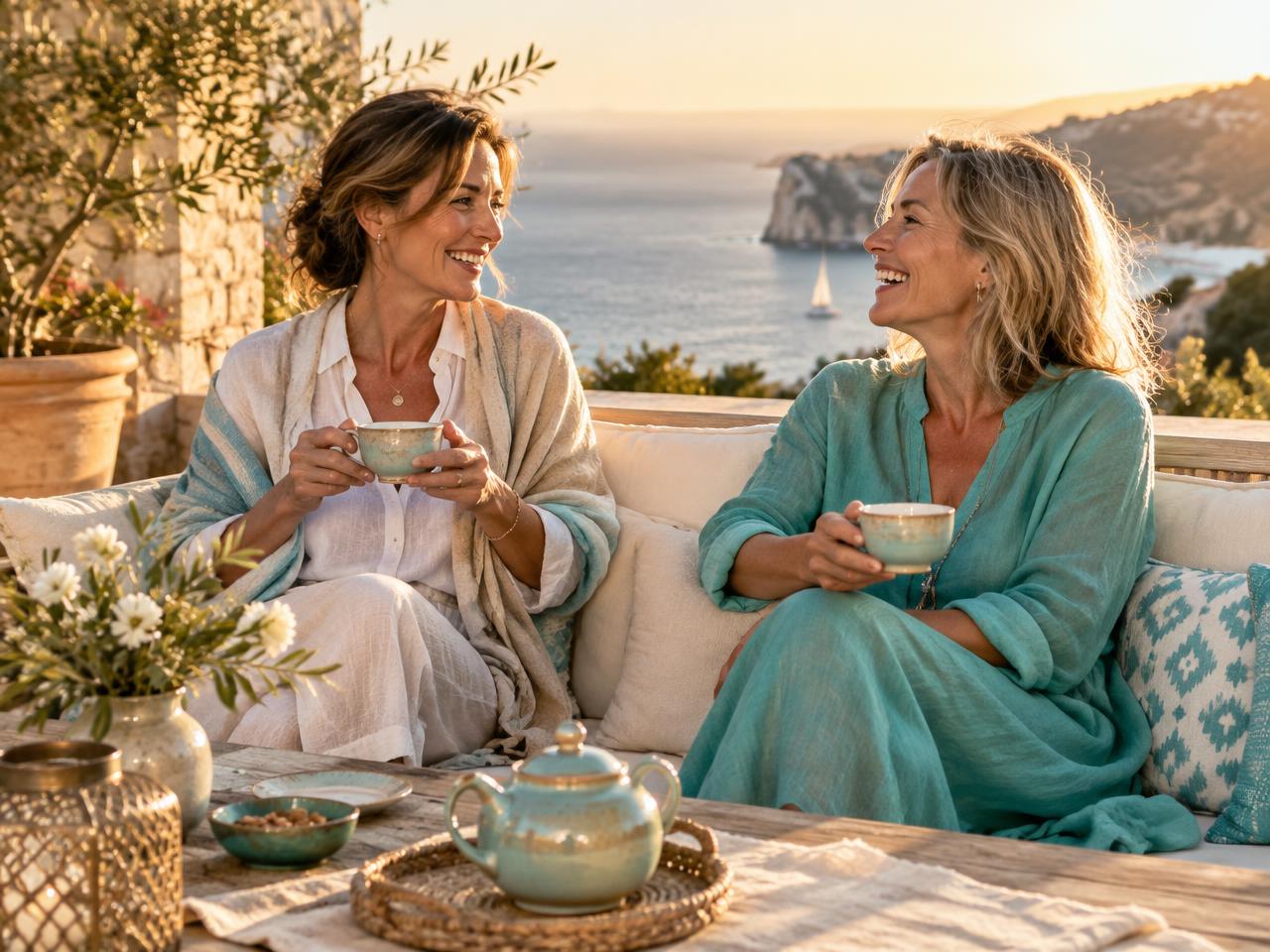 Zwei Frauen sitzen entspannt mit Tee auf einer mediterranen Terrasse mit Meerblick