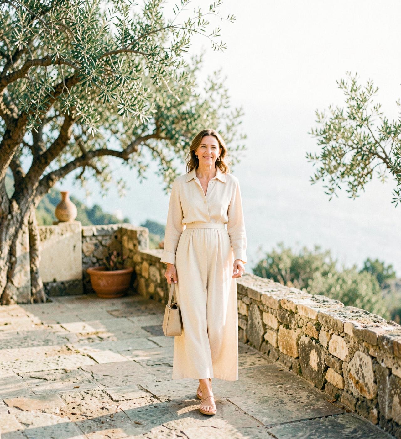 Frau auf einer mediterranen Terrasse mit Olivenbaum und Meerblick